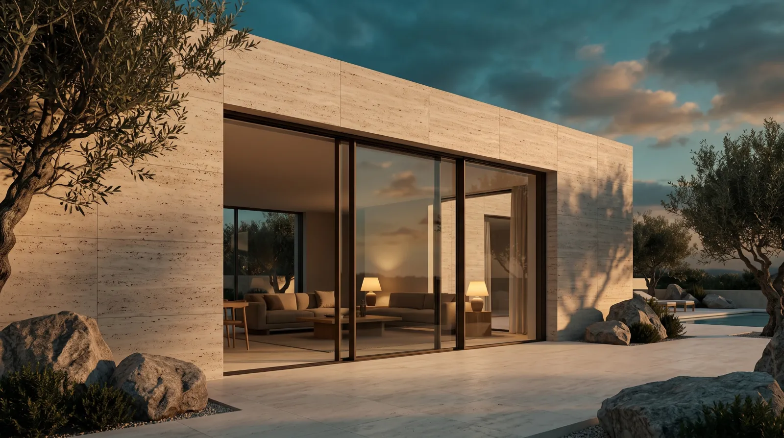 AeroLux sliding glass system at dusk: three tall panes in slim frames, one slid open, a lit living room behind.