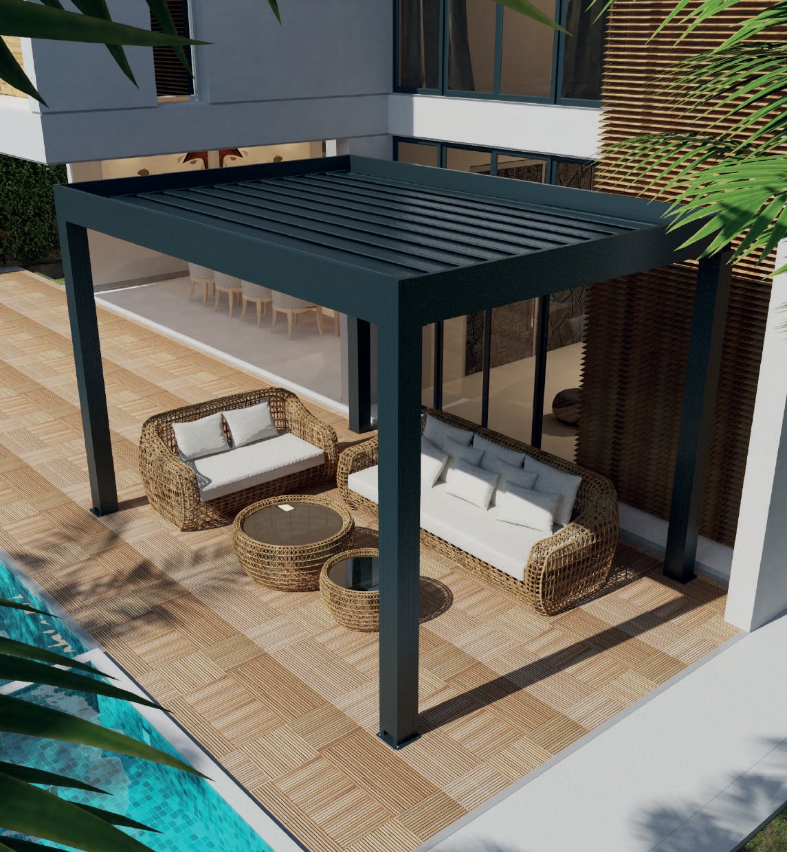 AEROVA: A freestanding louvered pergola beside a swimming pool.