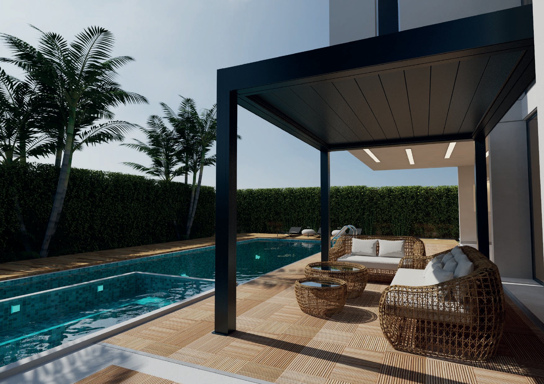 AEROVA: A furnished pergola beside a swimming pool.