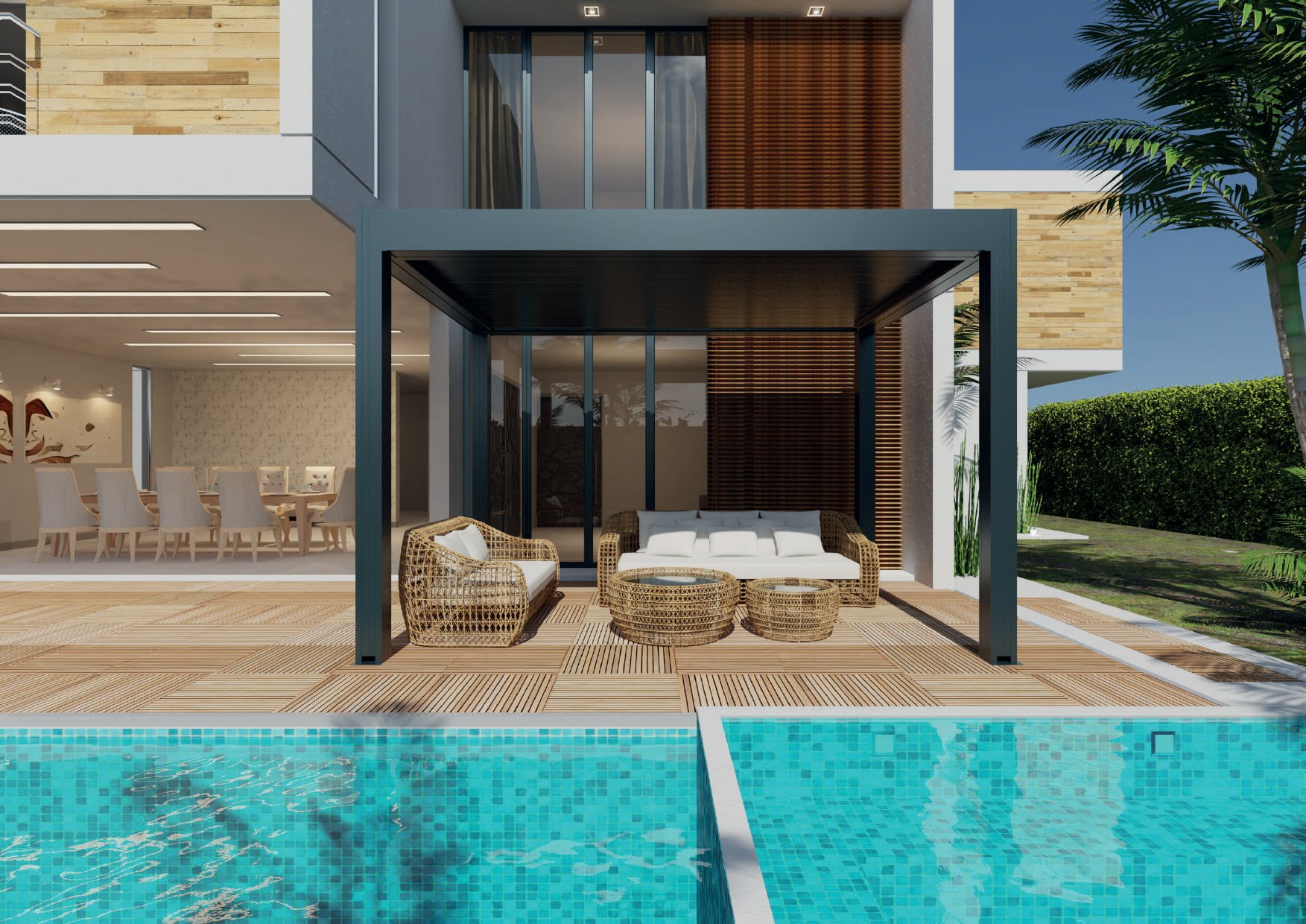 AEROVA: A front view of a furnished pergola beside a swimming pool.