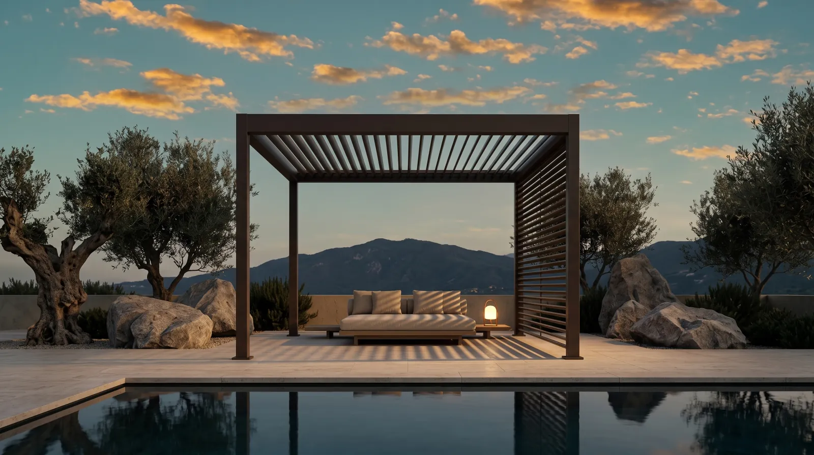 CABANA at dusk beside a pool: four posts, a roof of fixed louvre blades and one louvred side, a daybed inside.