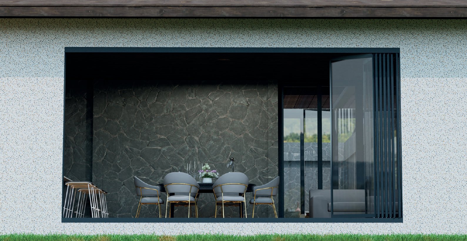 FLEXA: A wide glazed opening onto a furnished room and lawn.