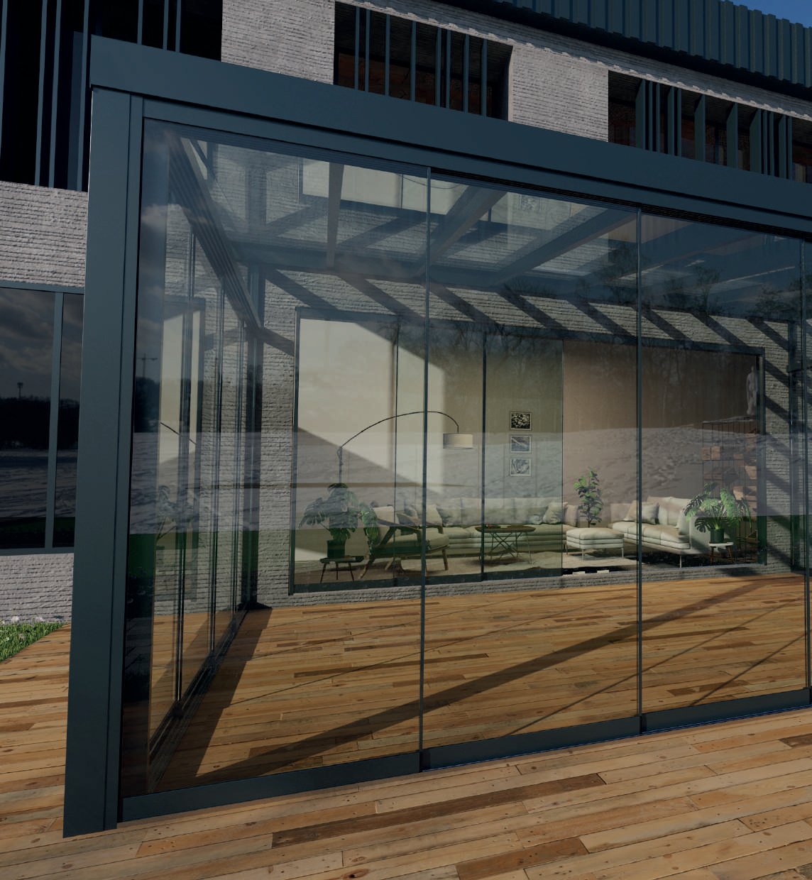 MODERNA: A glass-walled patio room attached to a house.