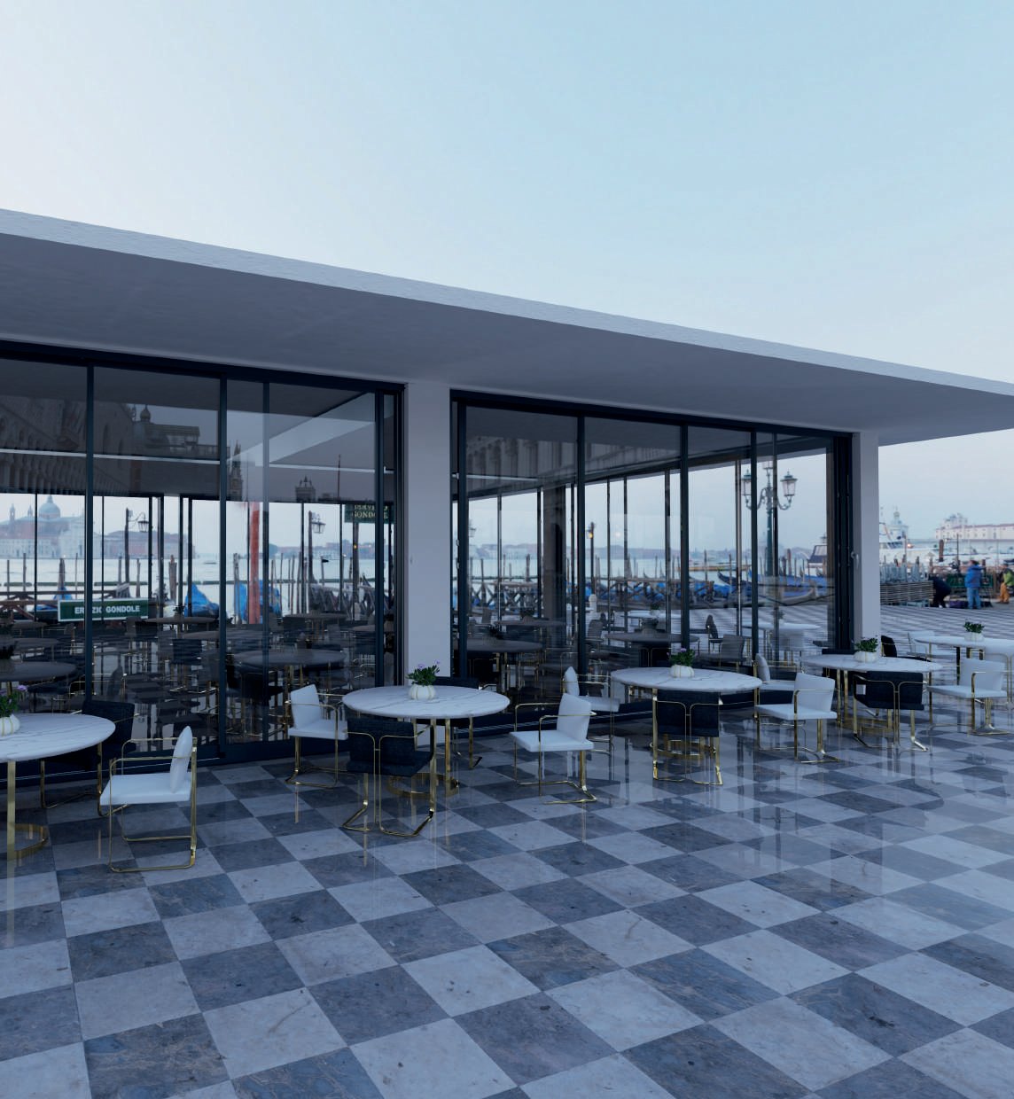 PANDORA: A glazed restaurant terrace enclosure beside outdoor tables.