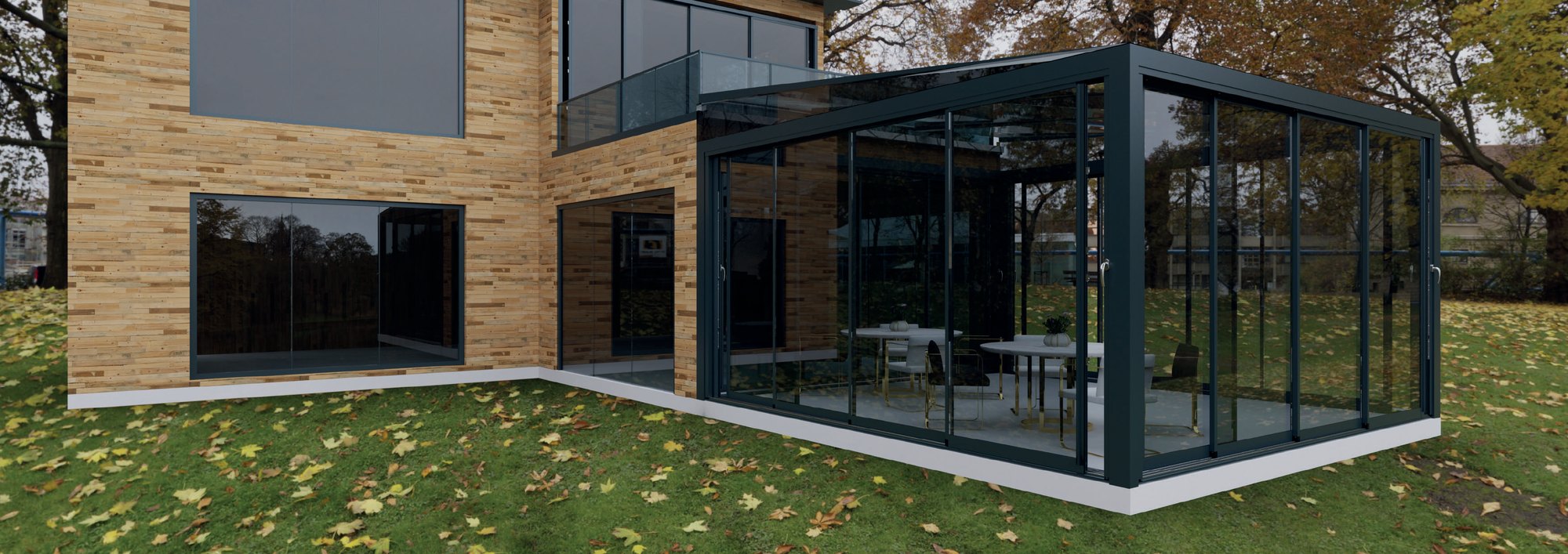 PANDORA: A wide glazed garden room attached to a stone house.