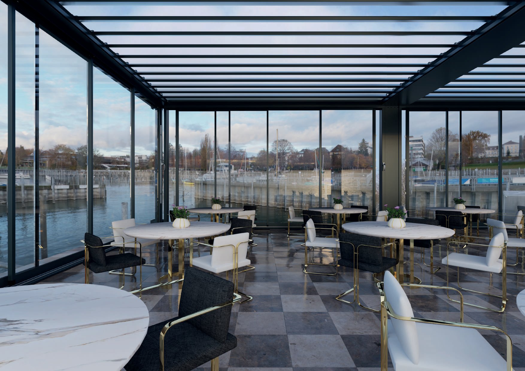 PANDORA: A glazed waterside dining terrace beneath a slatted roof.