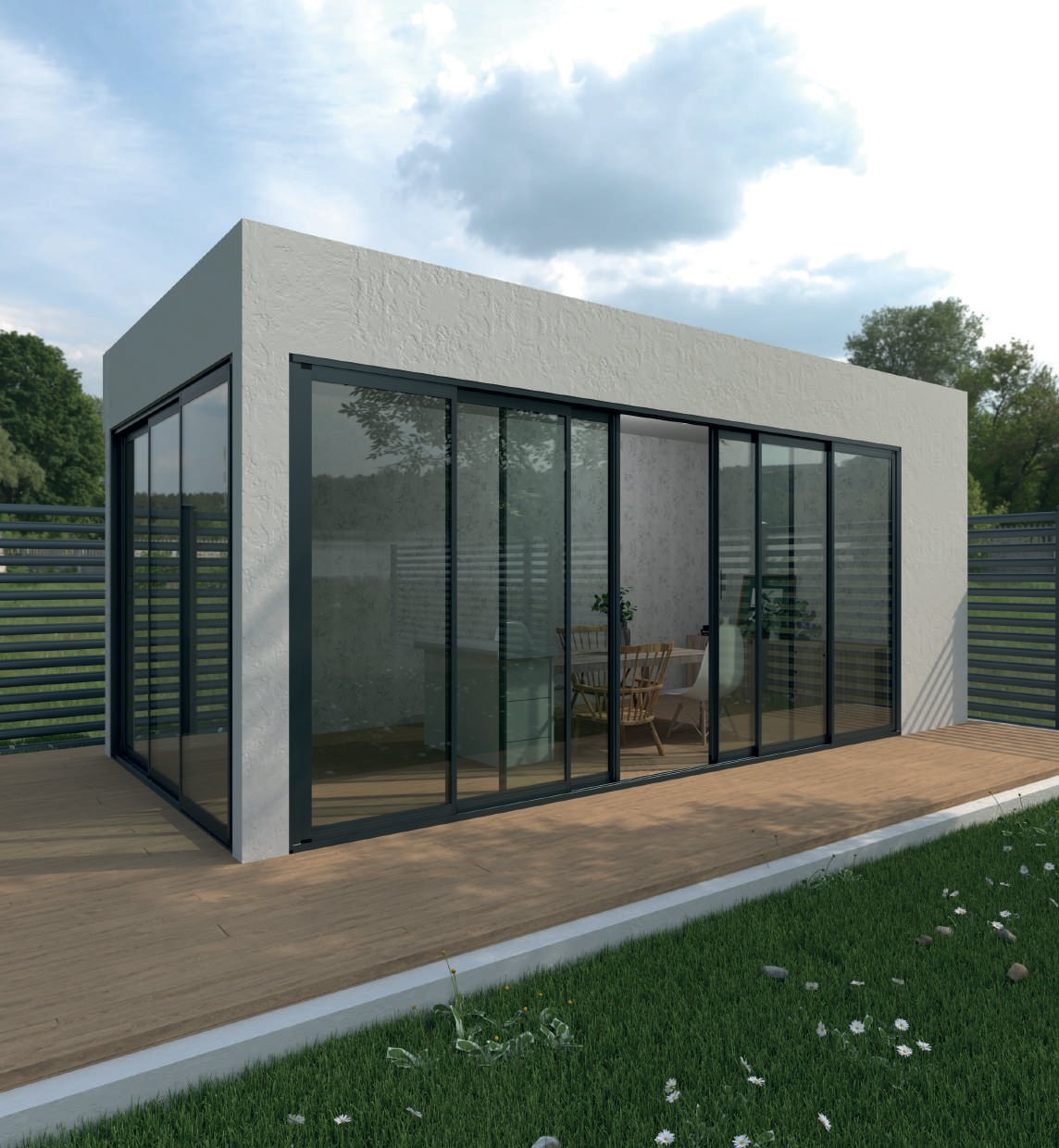 PETRA: A freestanding glazed room on a timber deck.