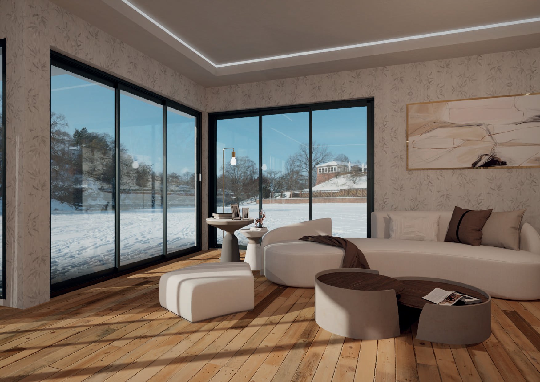 PETRA: A furnished room with dark-framed glazing facing a snowy garden.