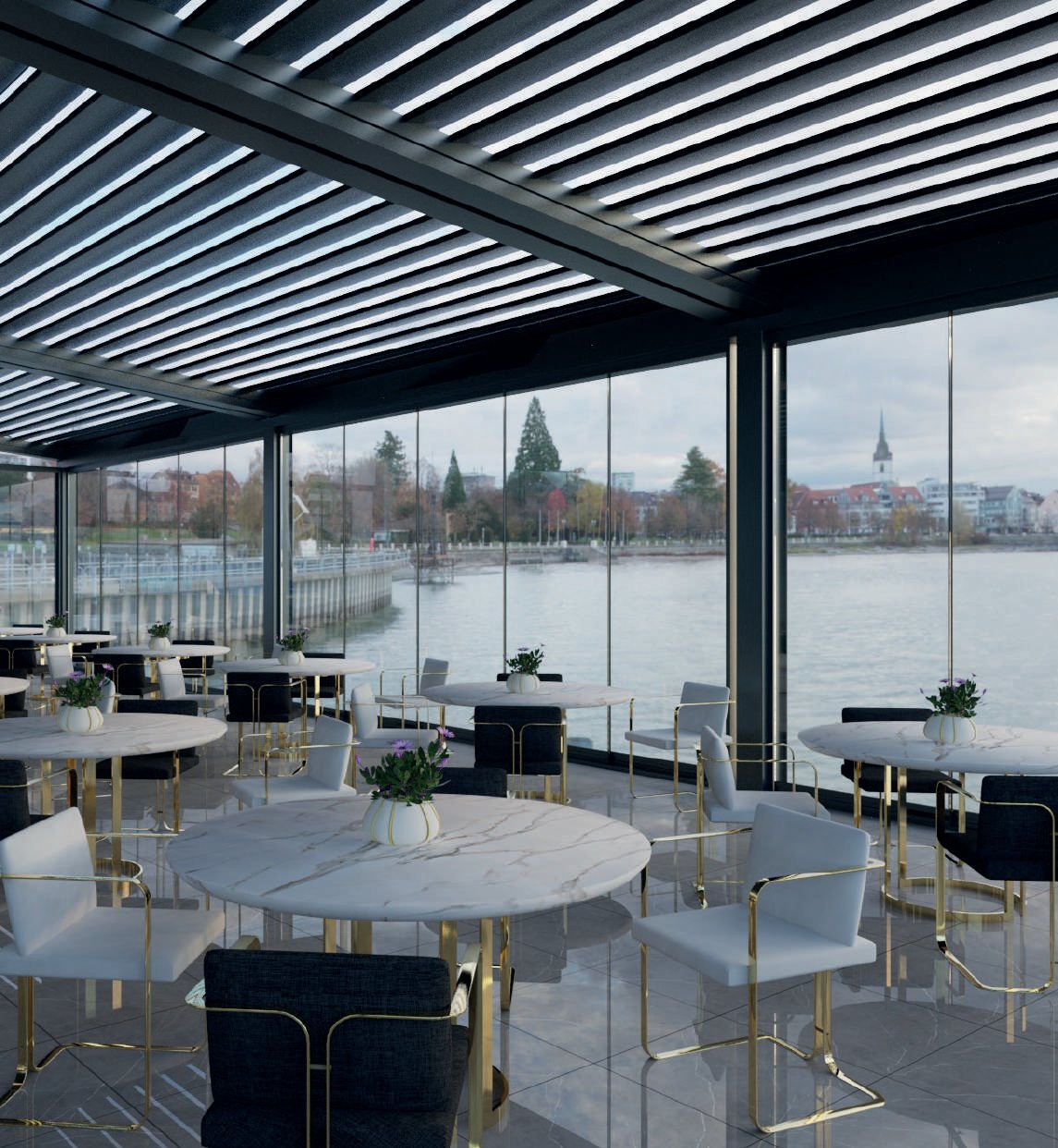 REVOLA: A restaurant terrace beneath a louvered roof with glass sides.