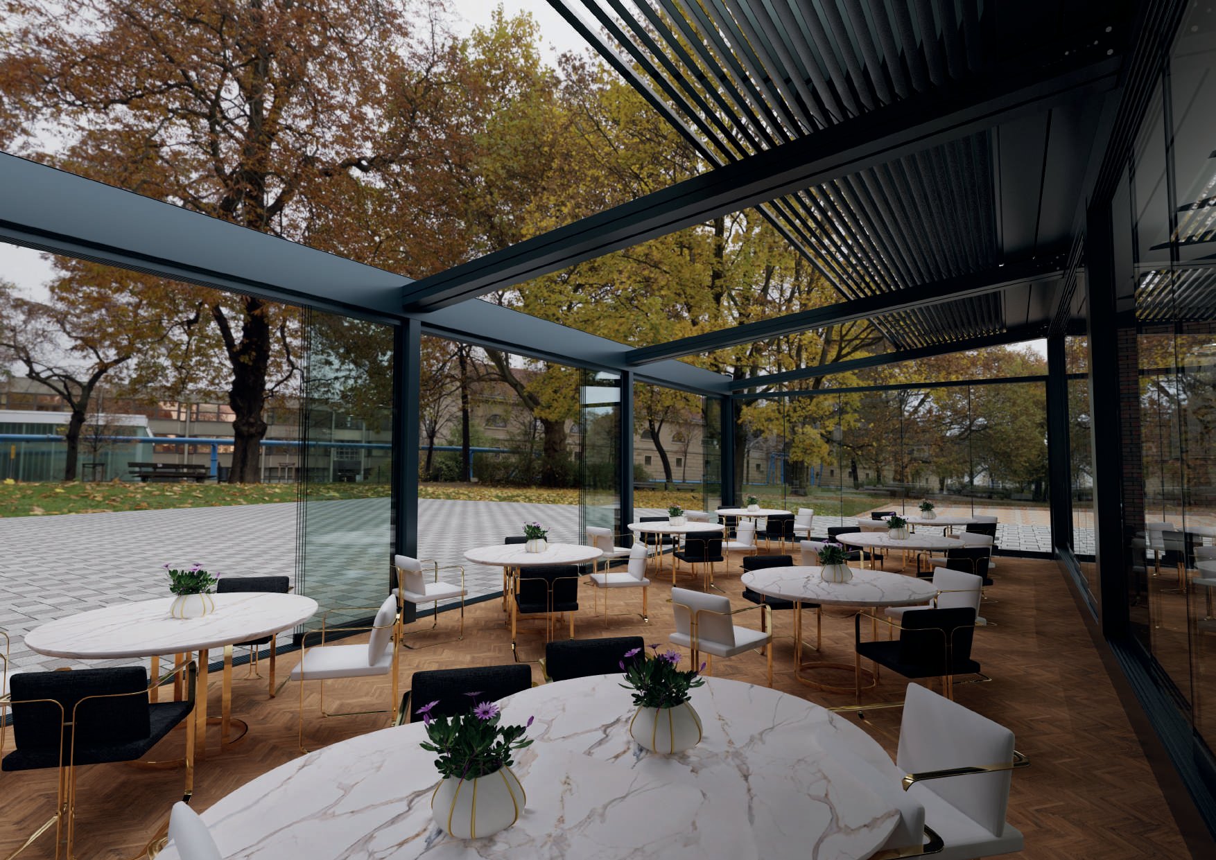 REVOLA: A furnished terrace beneath partially open roof louvers.
