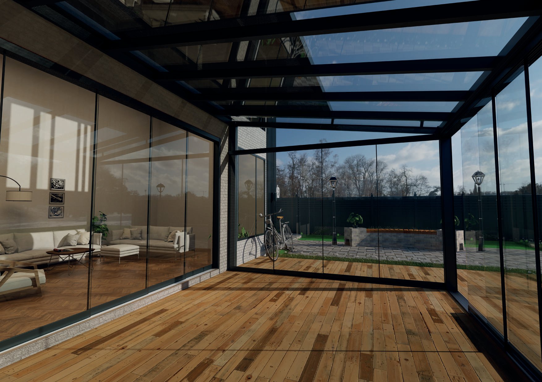 SEVILLA: A glazed terrace enclosure viewed from beneath its open roof bays.