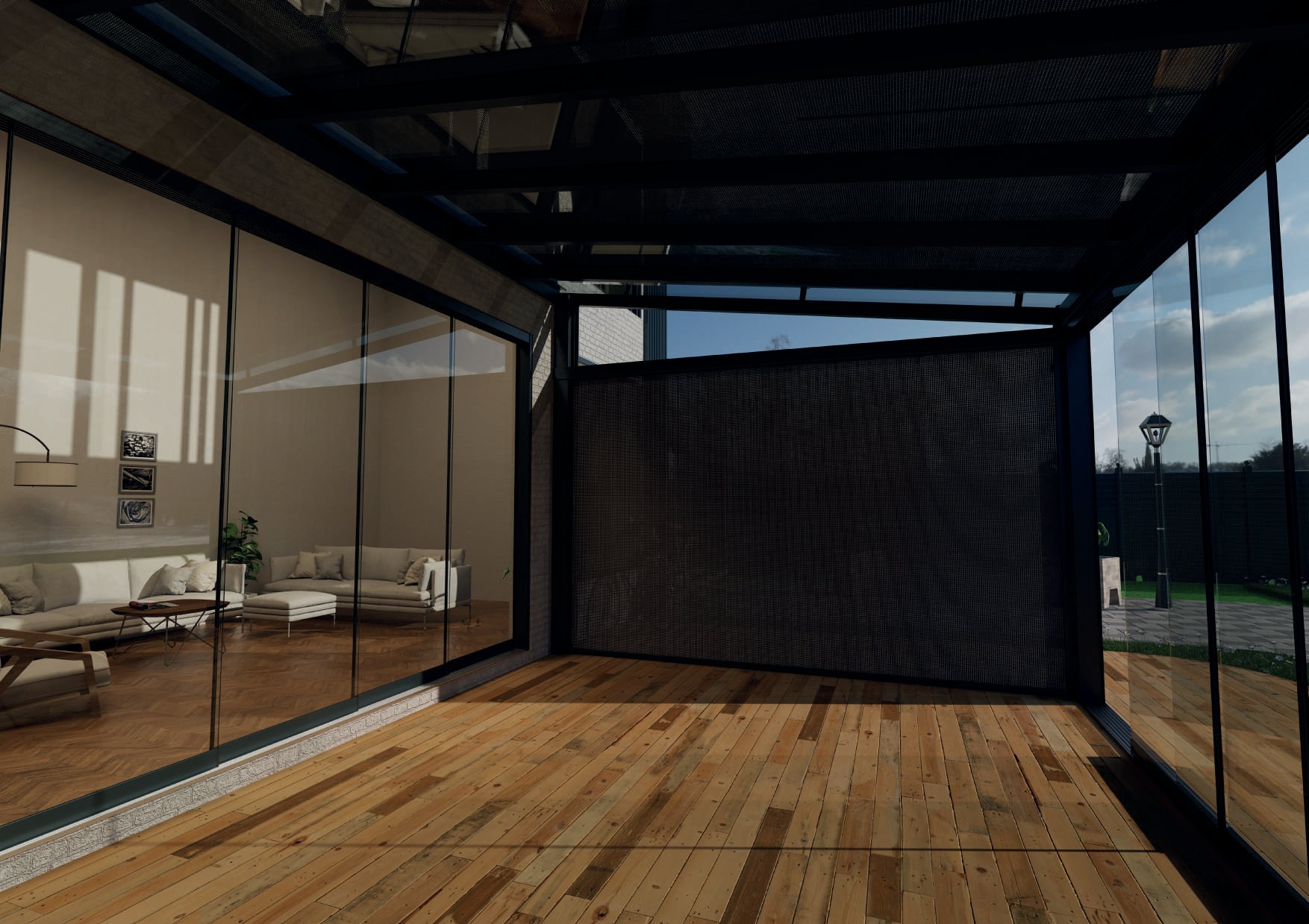 SEVILLA: A glazed terrace enclosure with its dark side screen lowered.