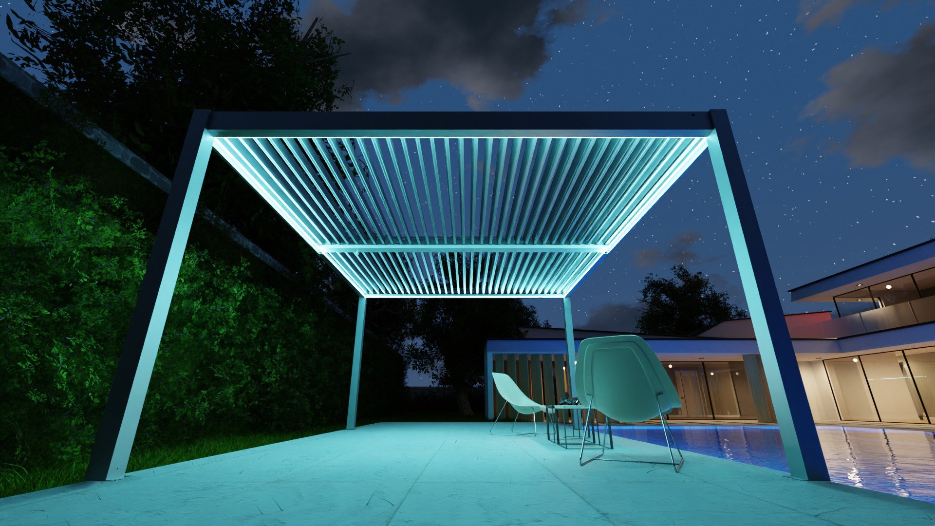 VENTO ECO: An illuminated louvered pergola in a garden at night.