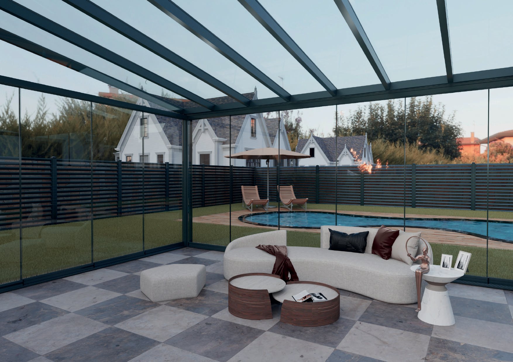 VITRANA: A furnished terrace enclosed by glass walls beneath a glass roof.