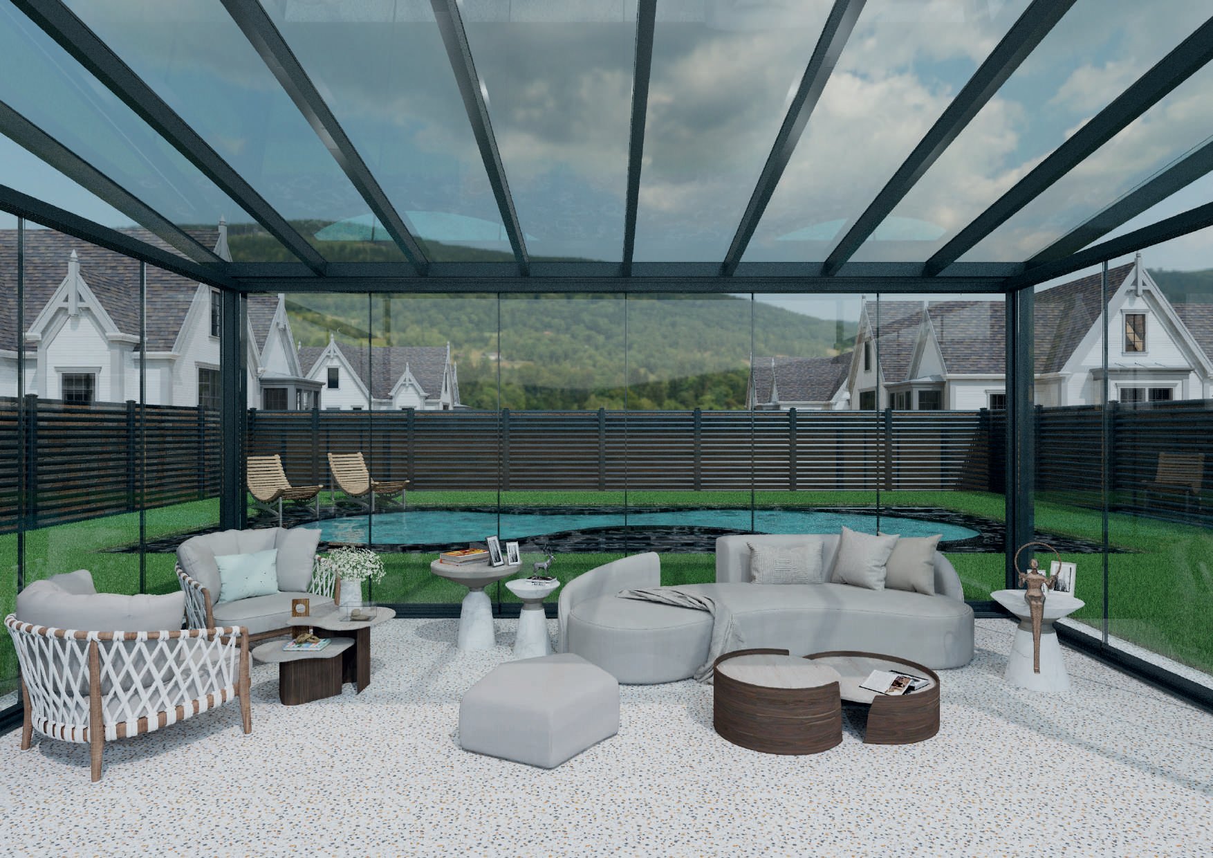 VITRANA: A furnished glass-roofed room viewed from inside.