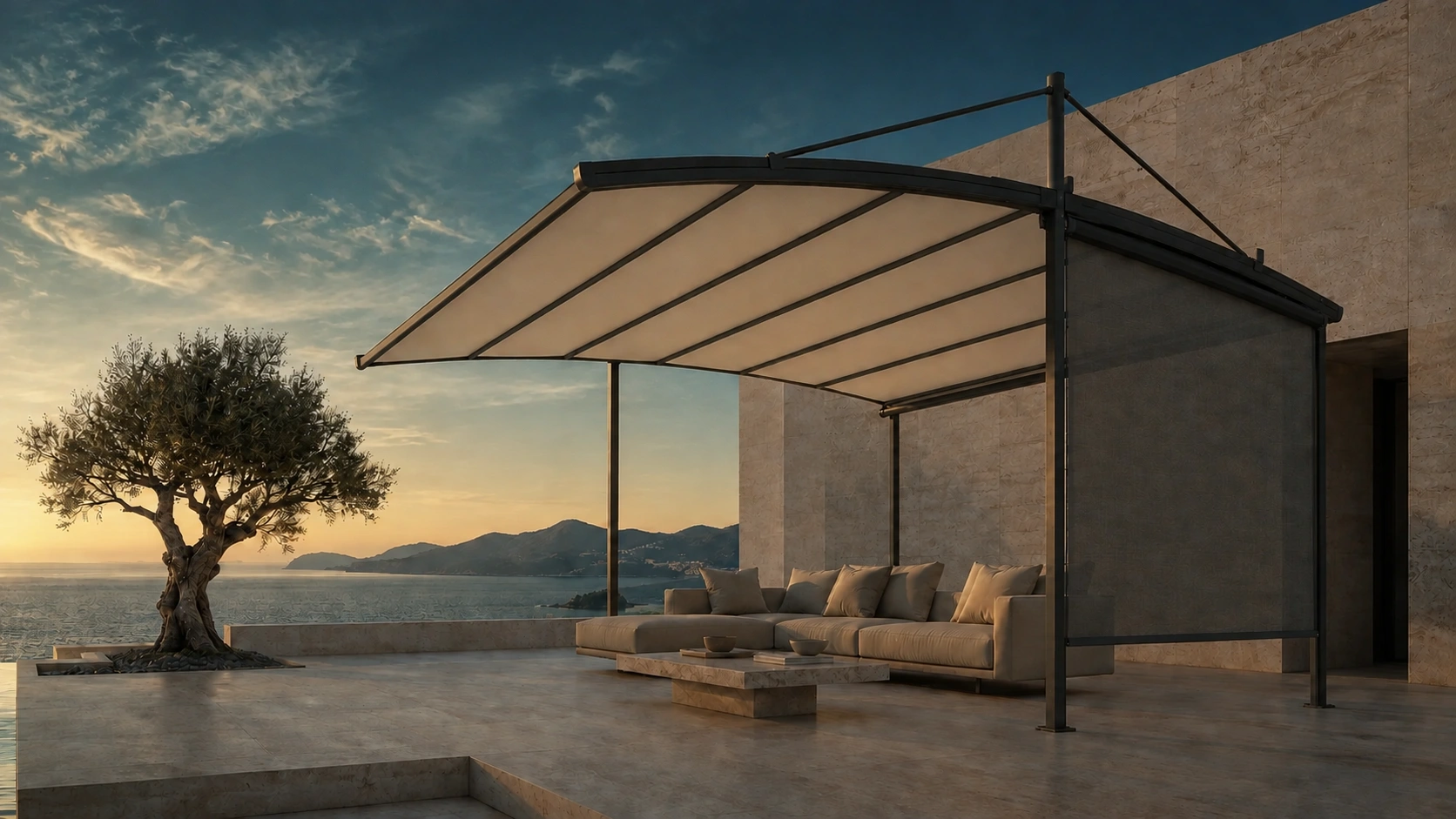 TEXTURA concept with taut supported fabric roof and partially lowered fabric ZIP side screens