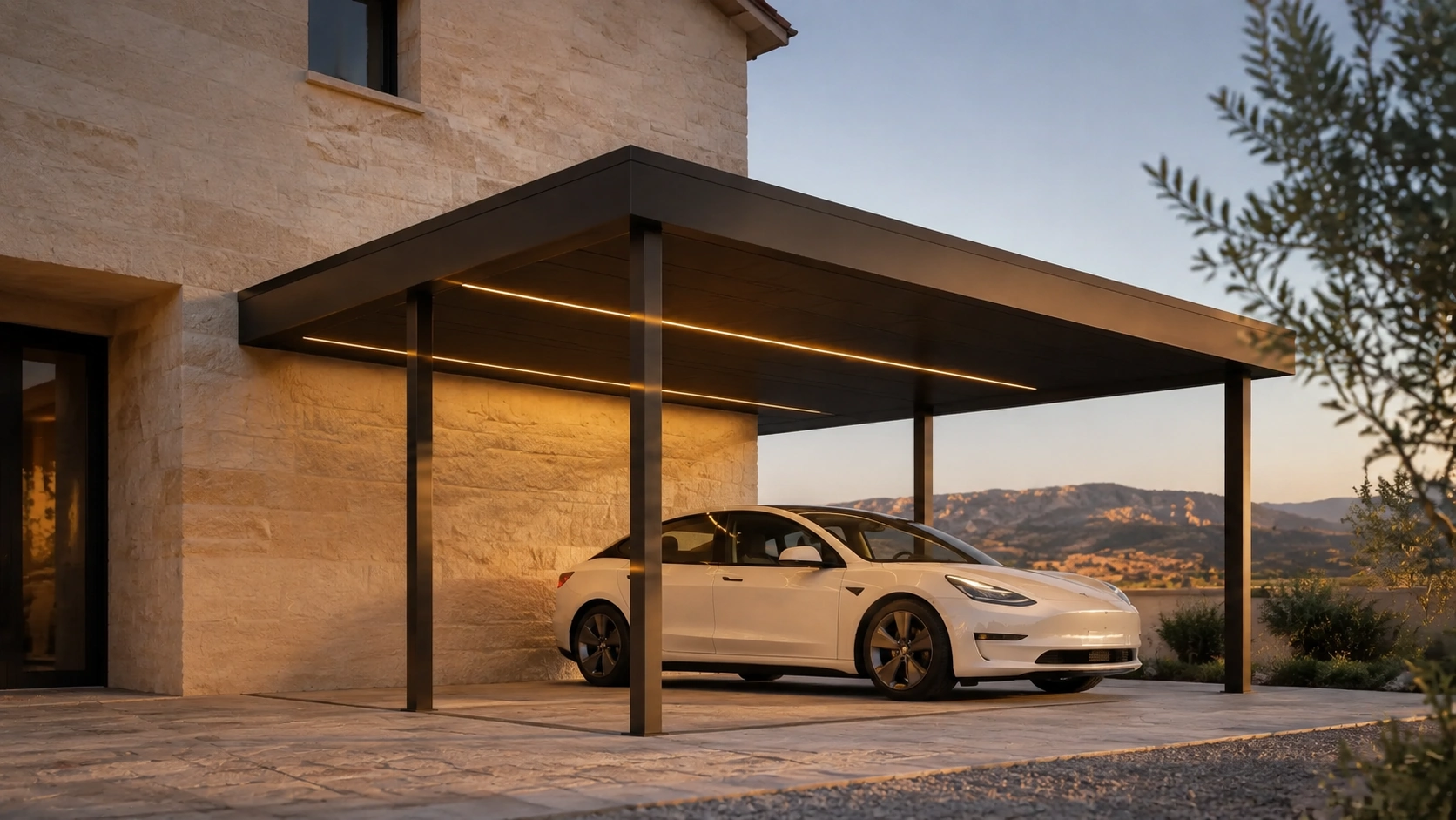 VELOX carport concept based on the catalog structure, with a solid flat roof, square aluminum columns and a wall connection