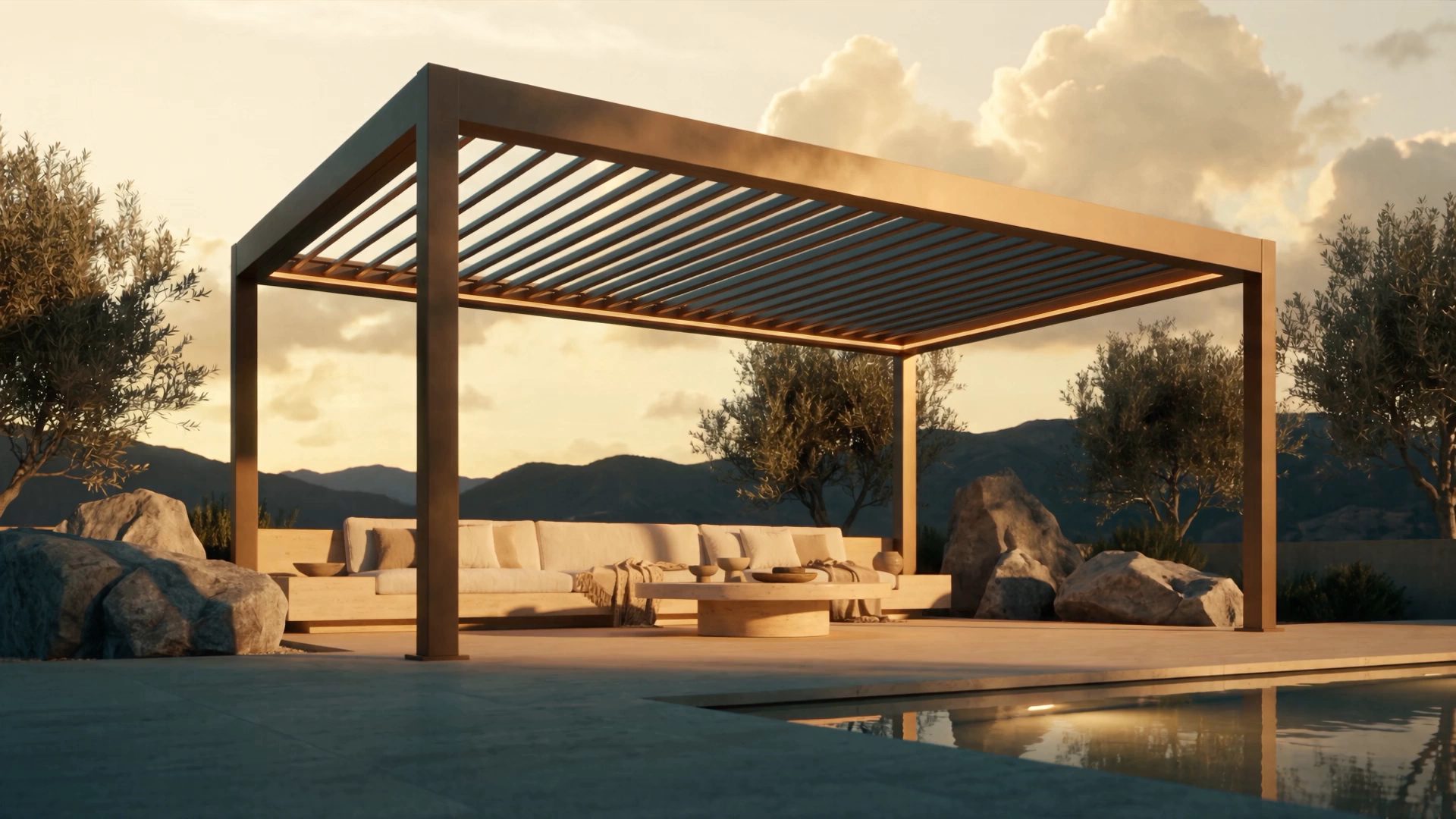 VENTO Louvered roof system. Golden dusk concept visualization