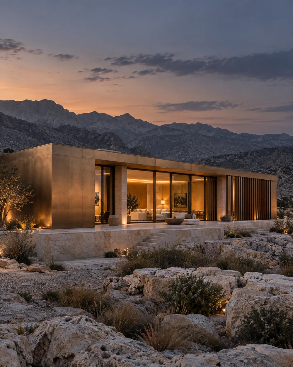 Architectural concept of a bronze aluminum pavilion on a stone plinth, with amber-lit glazing at dusk