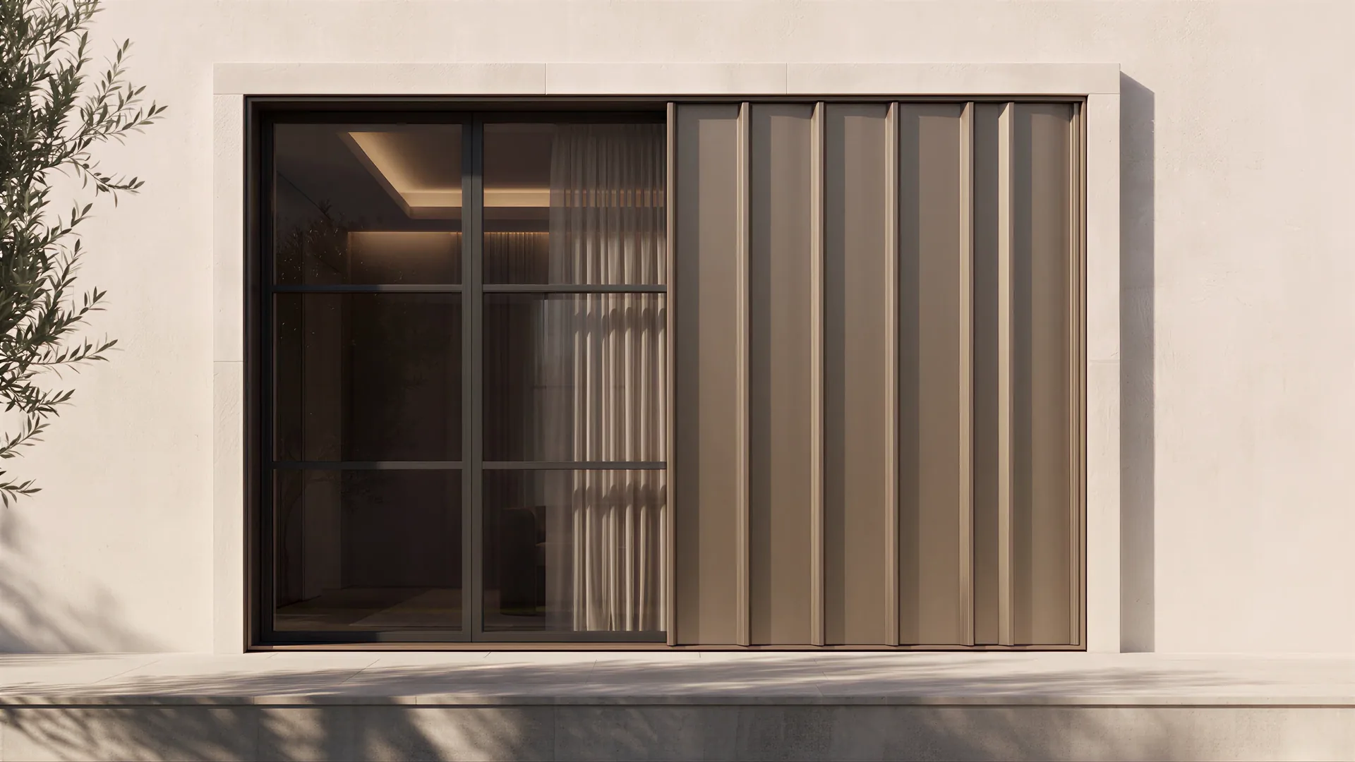 The same material concept in deep folded relief: the bronze panel folded into vertical fins