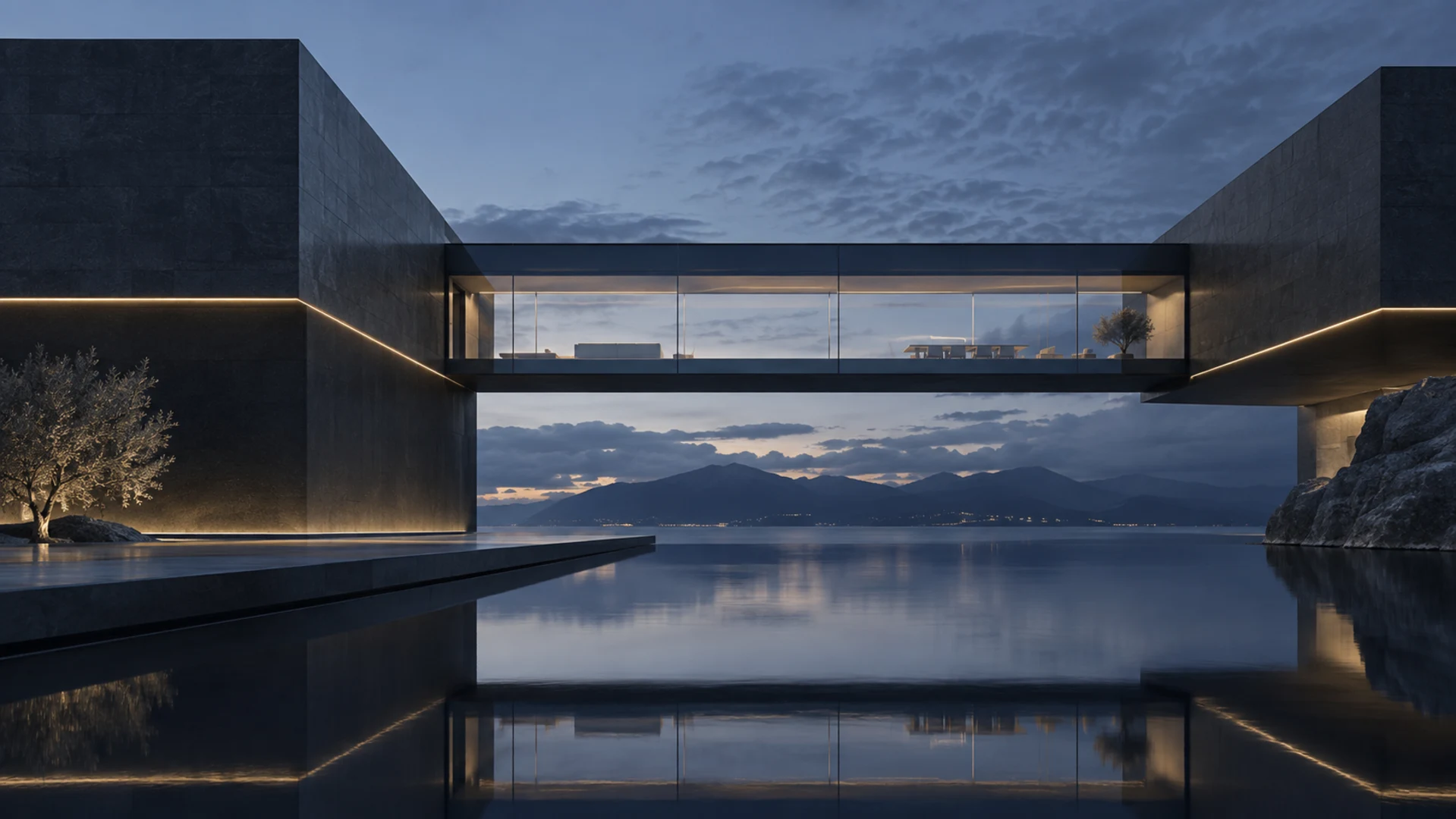 CONTOUR visual study. A glazed bridge spans two dark stone volumes above a still reflecting pool at blue hour.