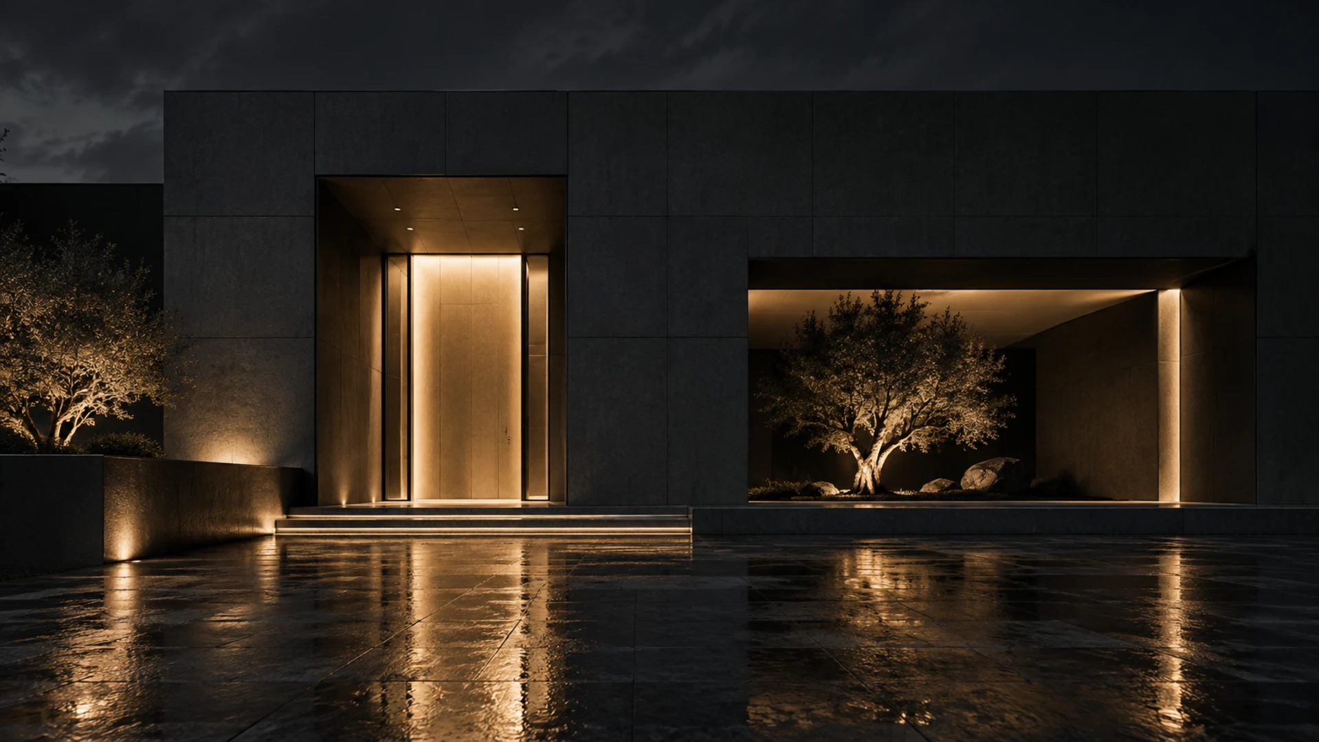CONTOUR visual study. Dark panel walls frame a lit entrance and a planted courtyard on a wet stone forecourt at night.