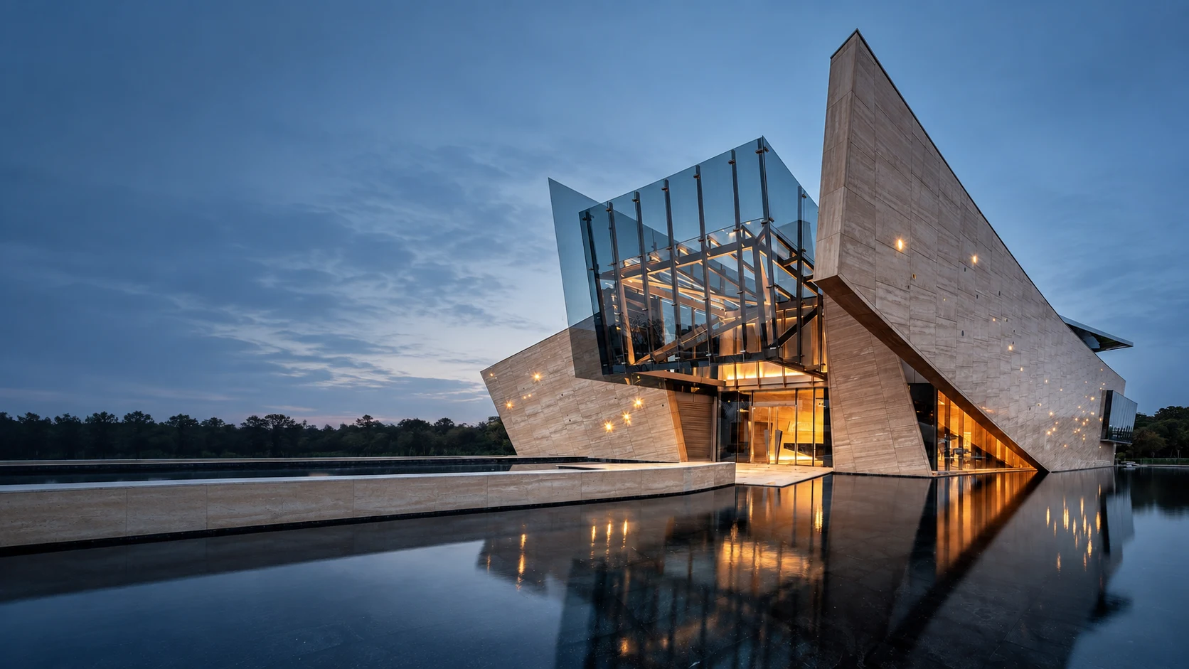 Structure 01 architectural reference: stone planes, projecting glazing and a reflecting pool; AI light and landscape refinement