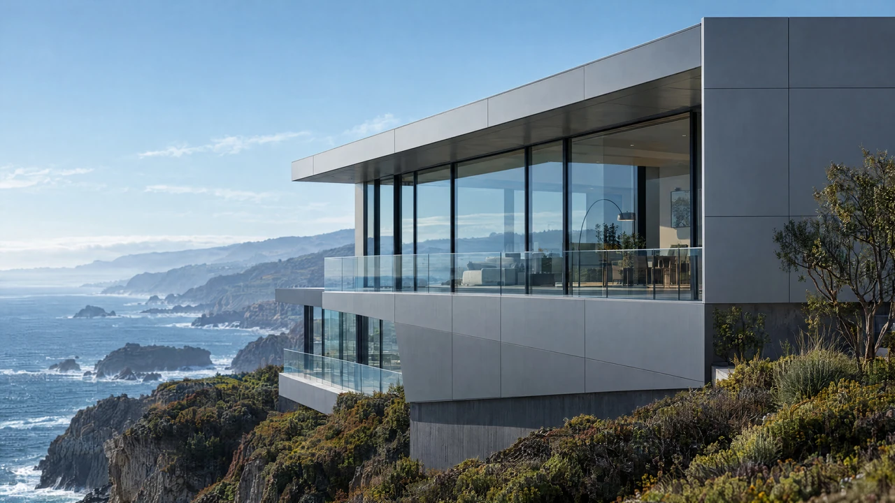 CONTOUR architectural visualization — coastal residence. Solid muted-silver panels wrap a residence above rough terrain, glazing in deep recess.