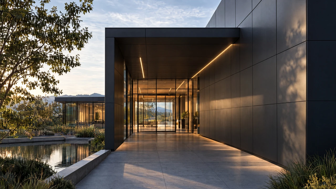 CONTOUR architectural visualization — entrance compression. Dark panel-clad portal and lined soffit lead to warm glazing.