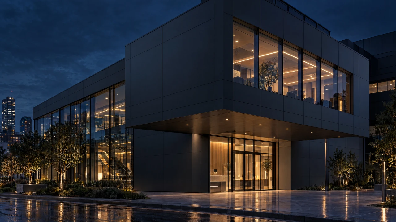 CONTOUR architectural visualization — night grid. Finished corner with dark solid panels and a few glowing windows, quiet urban setting.