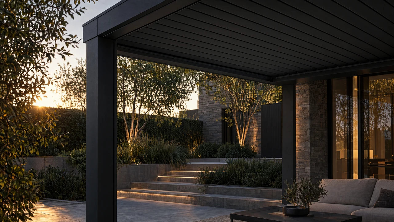 VENTO architectural visualization — closing light. Intimate dark frame/column corner with closed rigid roof above a small courtyard stair.