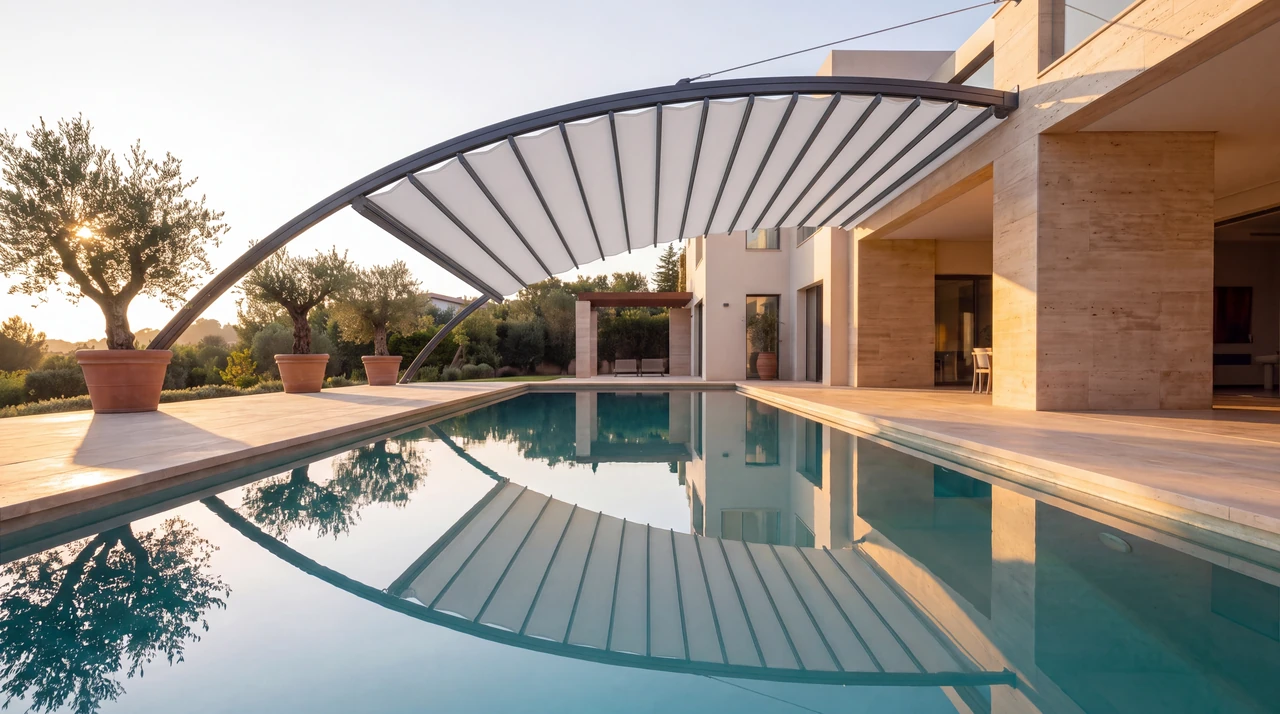 Corrected catalog visualization of a curved support arm carrying a white membrane in regular rib-supported bays above a pool.