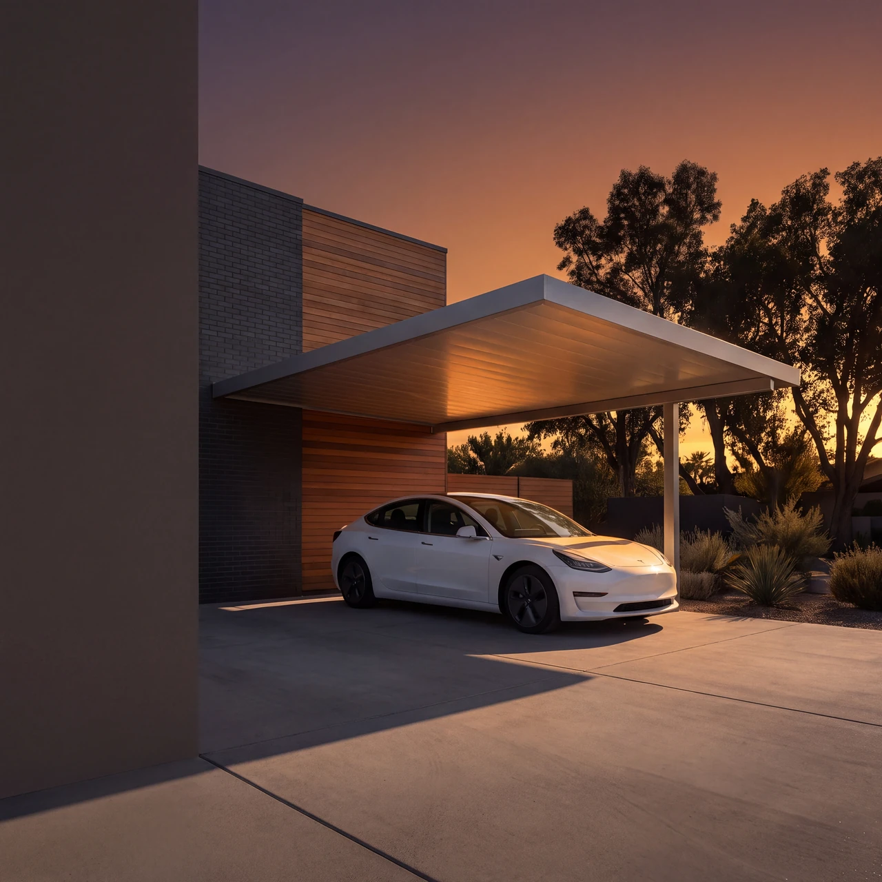 Catalog visualization of a solid carport canopy above a white car beside a tall wall at dusk.