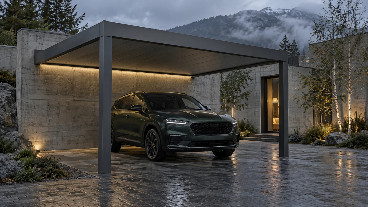 VELOX architectural visualization. A carport connected to a concrete wall, with two aligned front corner posts beneath a fixed opaque roof.