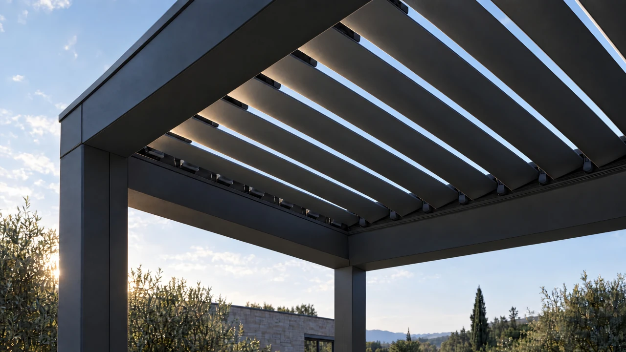 VENTO architectural visualization. A close study of straight adjustable roof louvers and a perimeter frame with columns aligned beneath both visible corners.