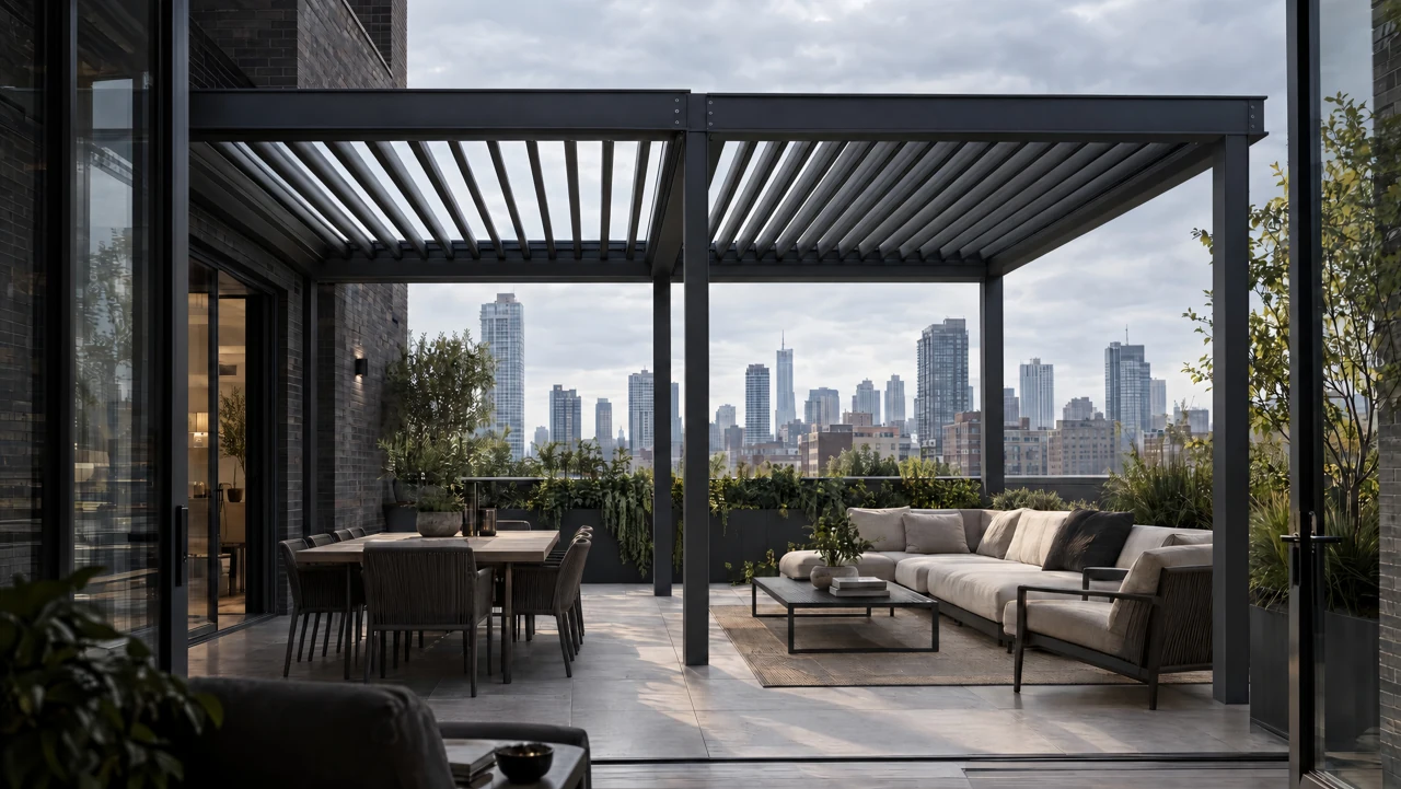 VENTO architectural visualization. Louvered roof bays over a brick penthouse terrace, with the nearest right roof corner supported by a continuous column.
