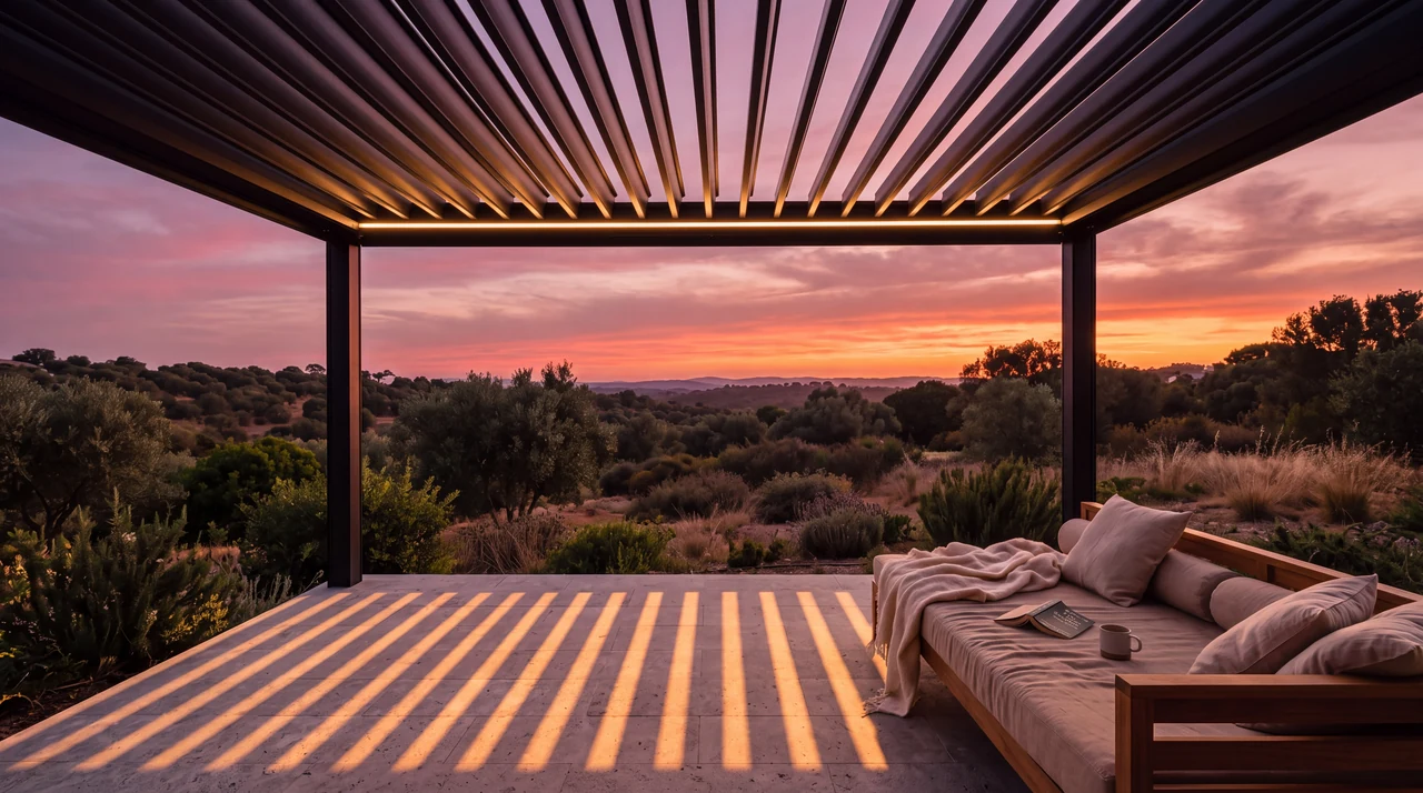 Sunset over olive-covered hills seen beneath open louvers, with striped light across the terrace.
