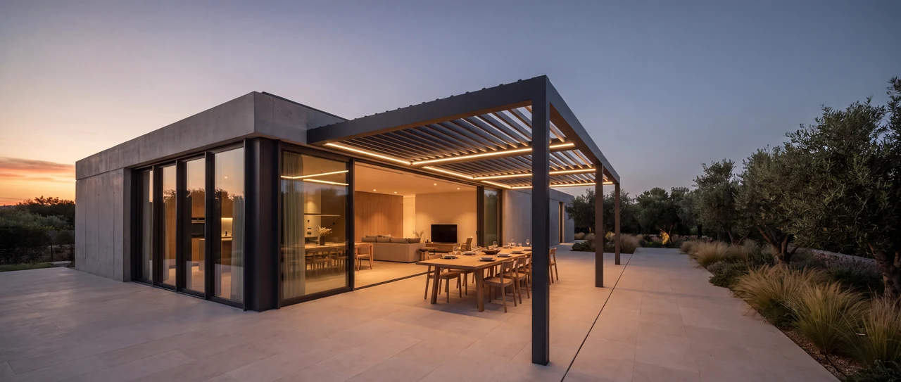 Dark louvered pergola over a dining terrace beside a concrete house and olive trees at dusk.