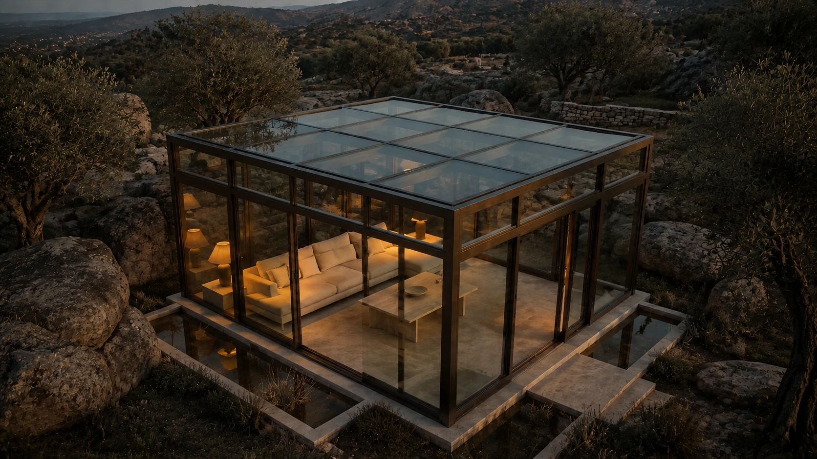 Elevated oblique view of a bronze LUMINA pavilion, showing its transparent glass roof and aligned glazed facades.