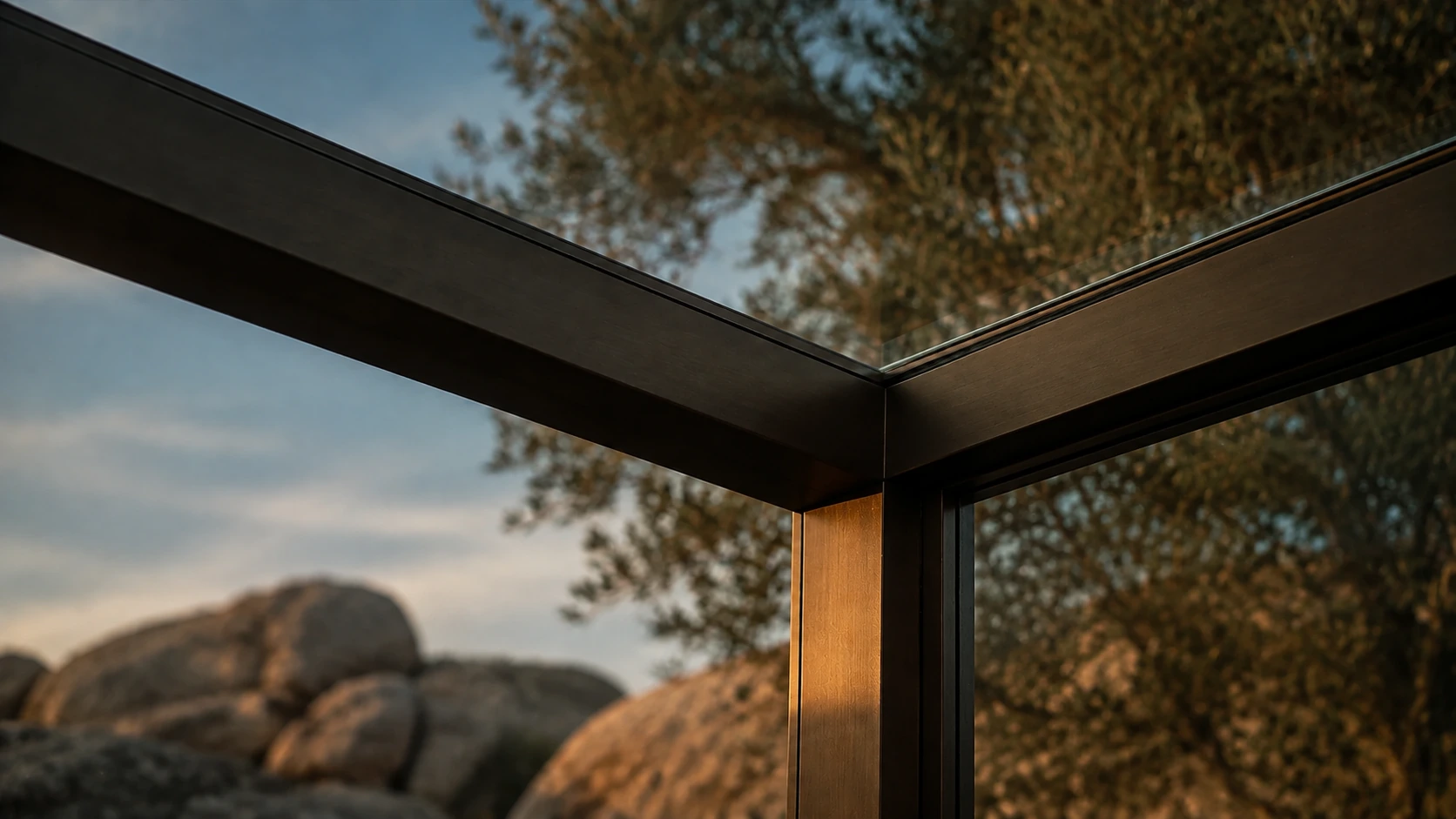 Cinematic close study of LUMINA glass, bronze roof rafter and perimeter frame junction