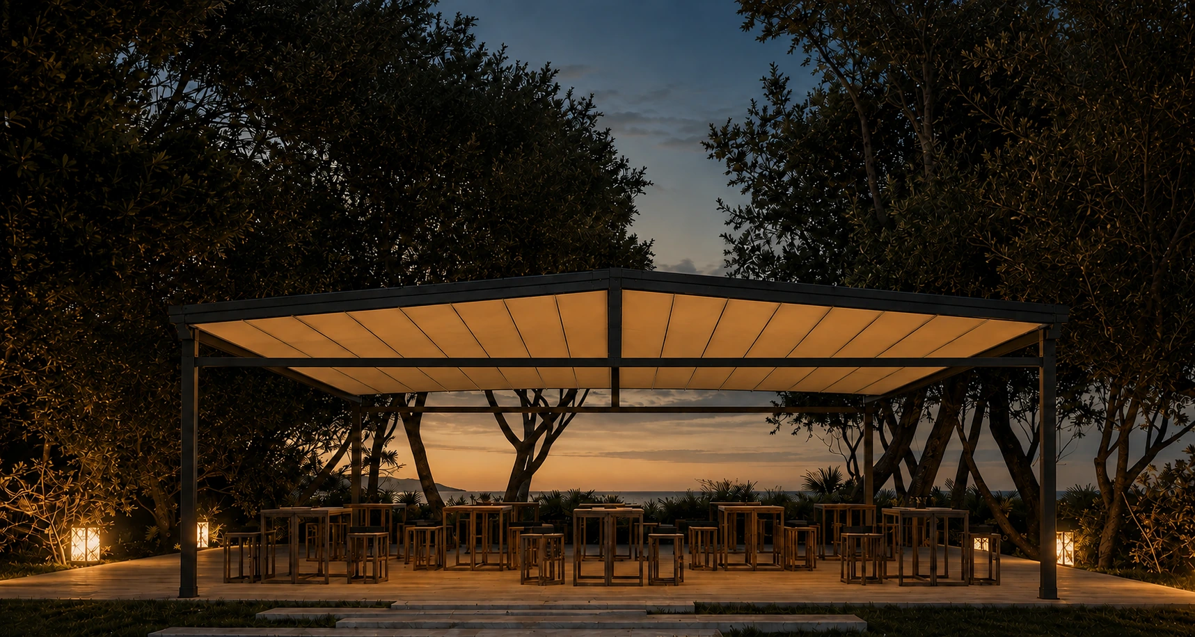 TEXTURA — dining pavilion, with taut fabric divided by closely spaced support profiles.