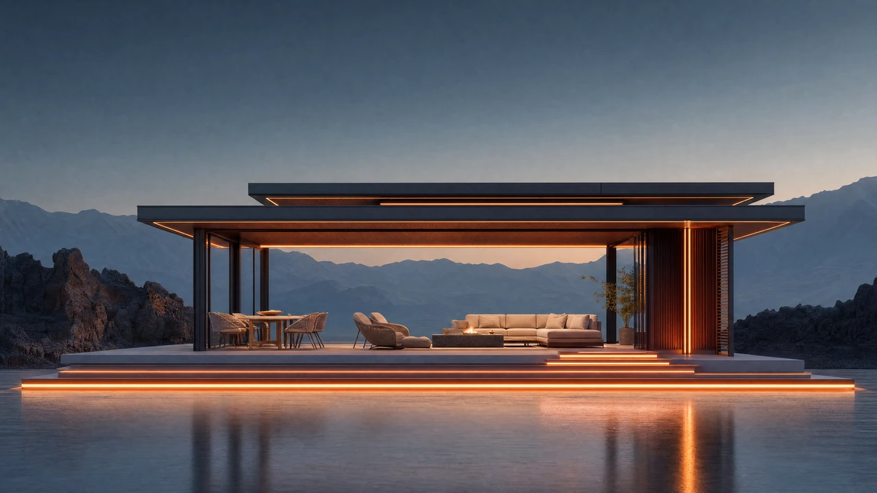 VERSA. An open pavilion with layered fixed roof planes overlooking a mountain landscape.