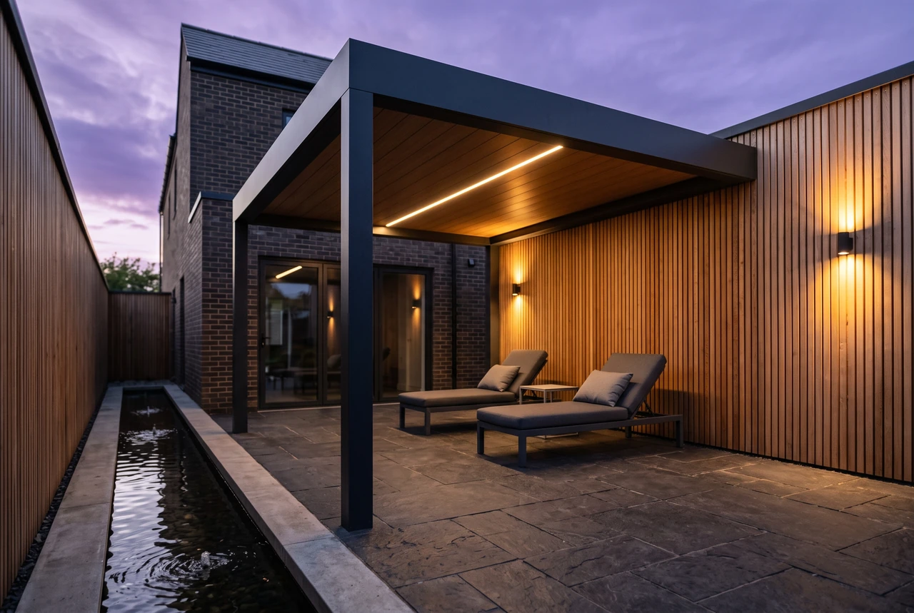 VERSA. A wall-connected fixed canopy with a timber soffit and outer supports beside a narrow courtyard rill.