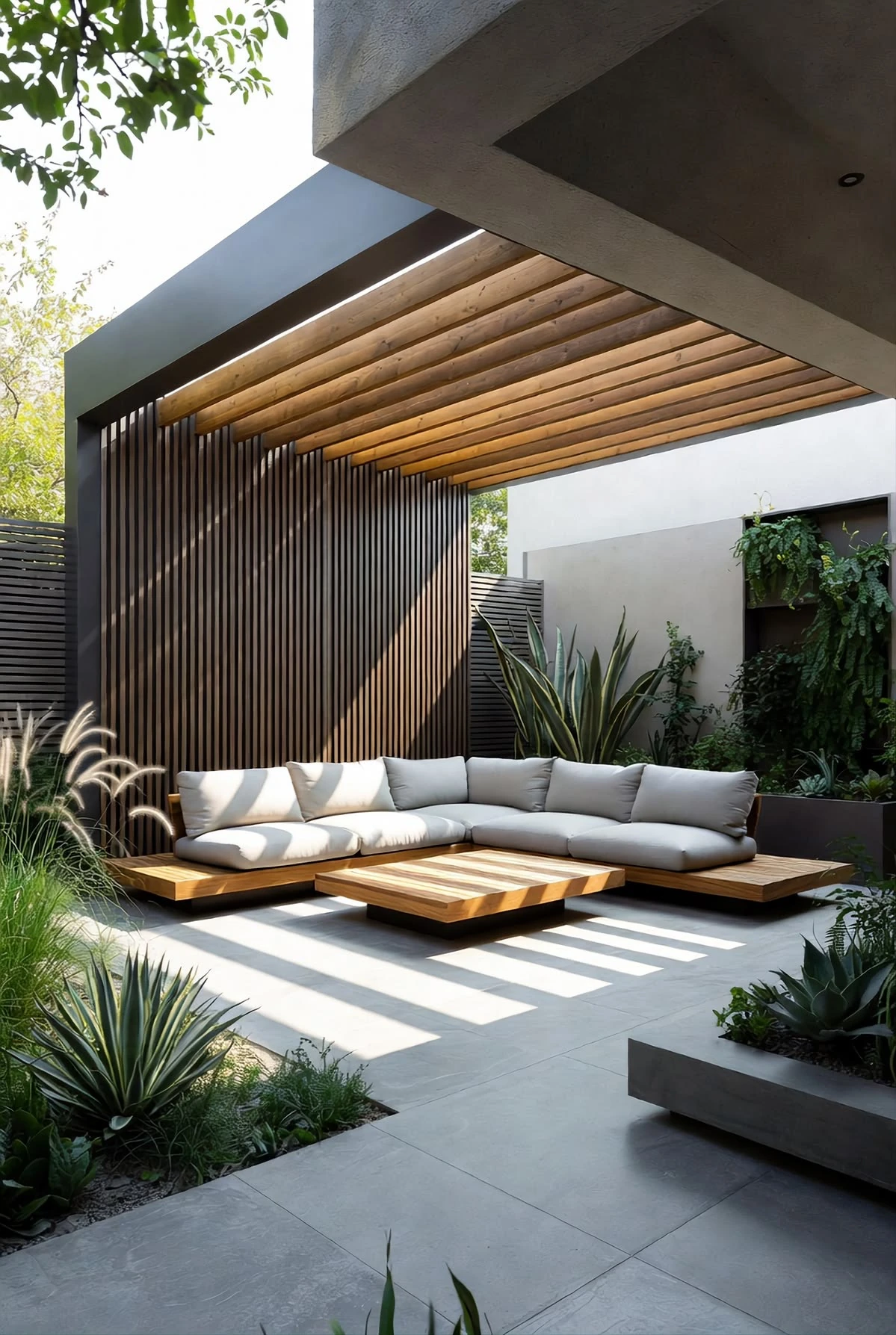 VERSA. A sheltered courtyard lounge with a timber roof treatment and slatted garden screen.