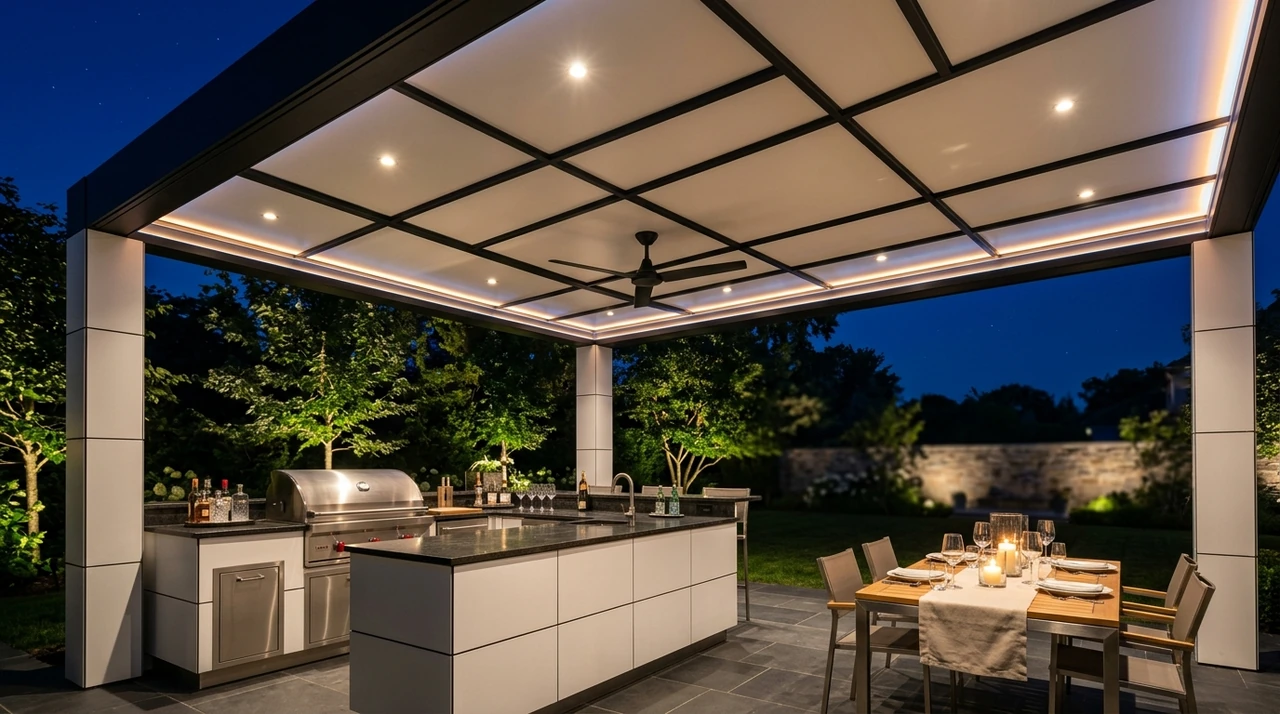 VERSA. A fixed-panel roof with recessed lights and square supports above an outdoor kitchen at night.