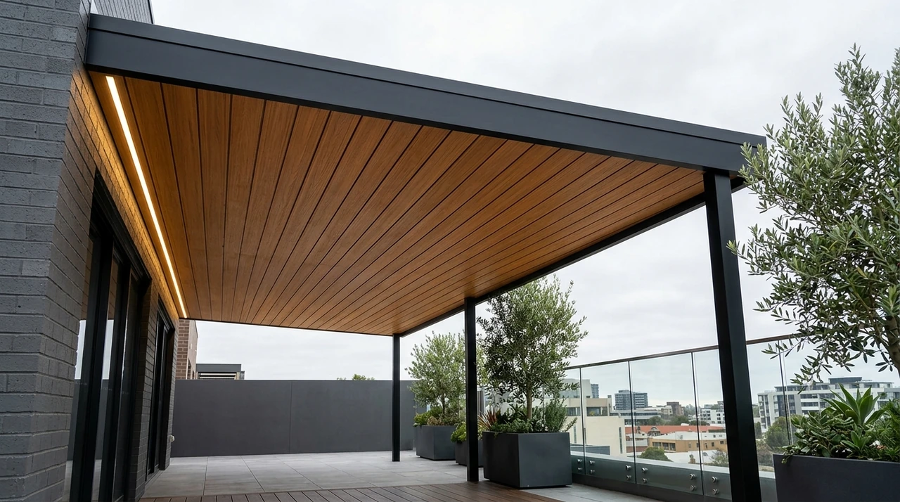 VERSA. A wall-connected fixed canopy with a timber soffit and front columns above a roof terrace.