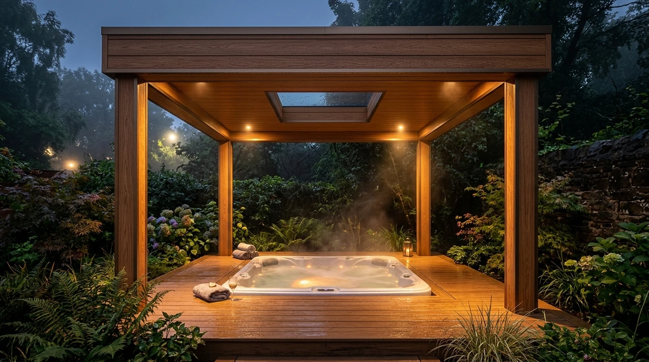 VERSA. A timber-toned fixed canopy with corner supports above a garden spa.