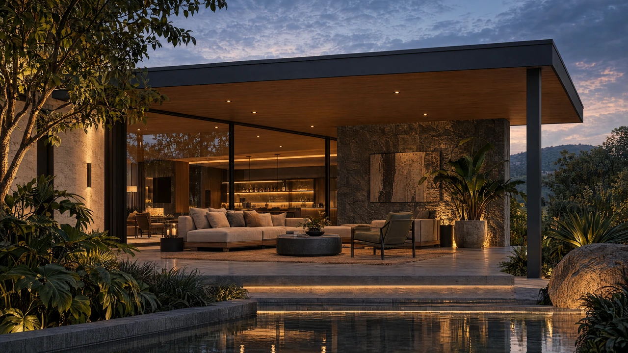 VERSA. A dark fixed canopy with a timber soffit shelters a stone-backed garden lounge.