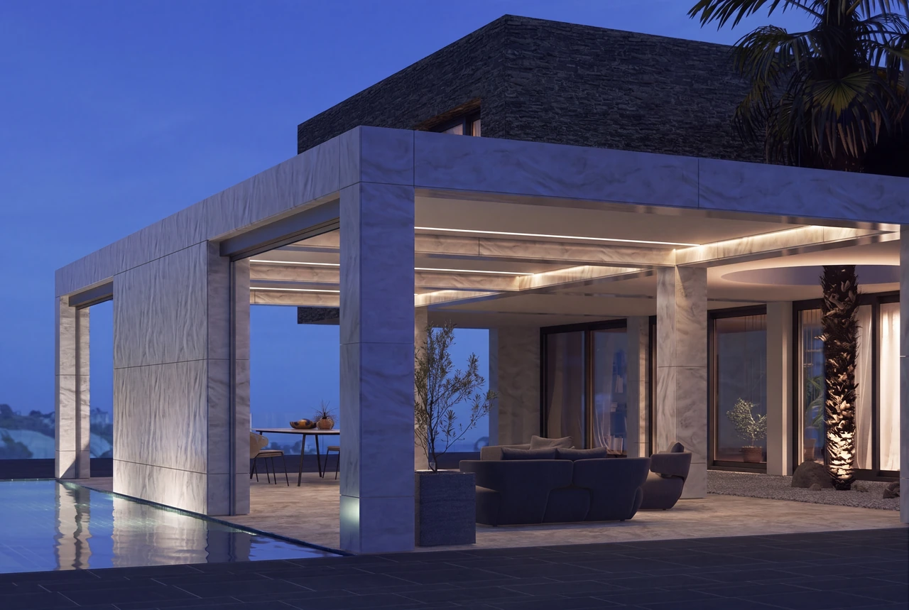 VERSA. A fixed-roof pavilion with broad stone-toned supports beside a pool at blue hour.