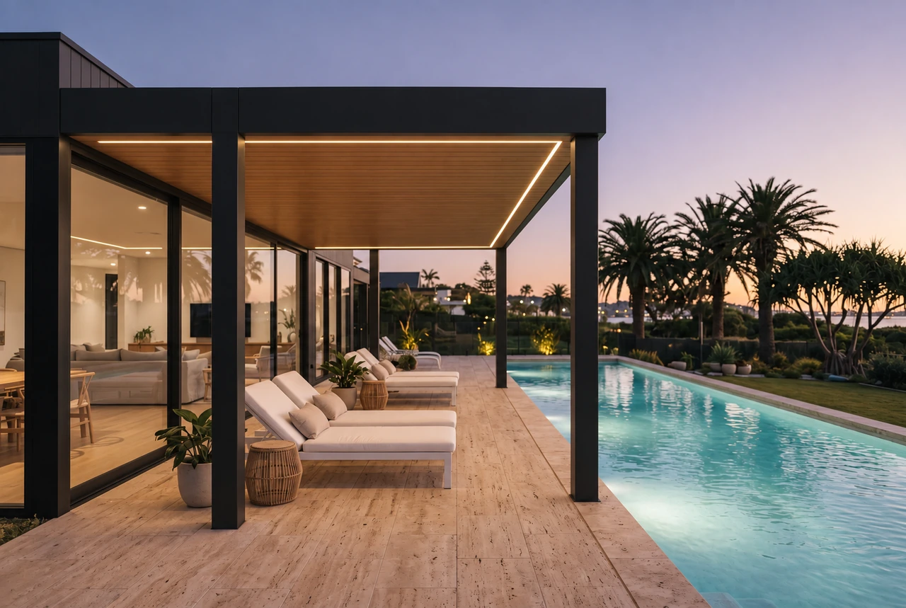 VERSA. A wall-connected fixed canopy with grounded outer supports shelters poolside daybeds at dusk.